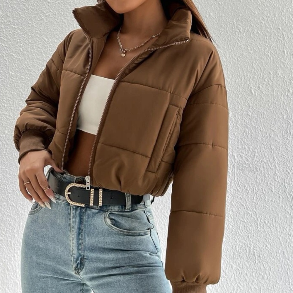 Brown crop puffer jacket with pockets